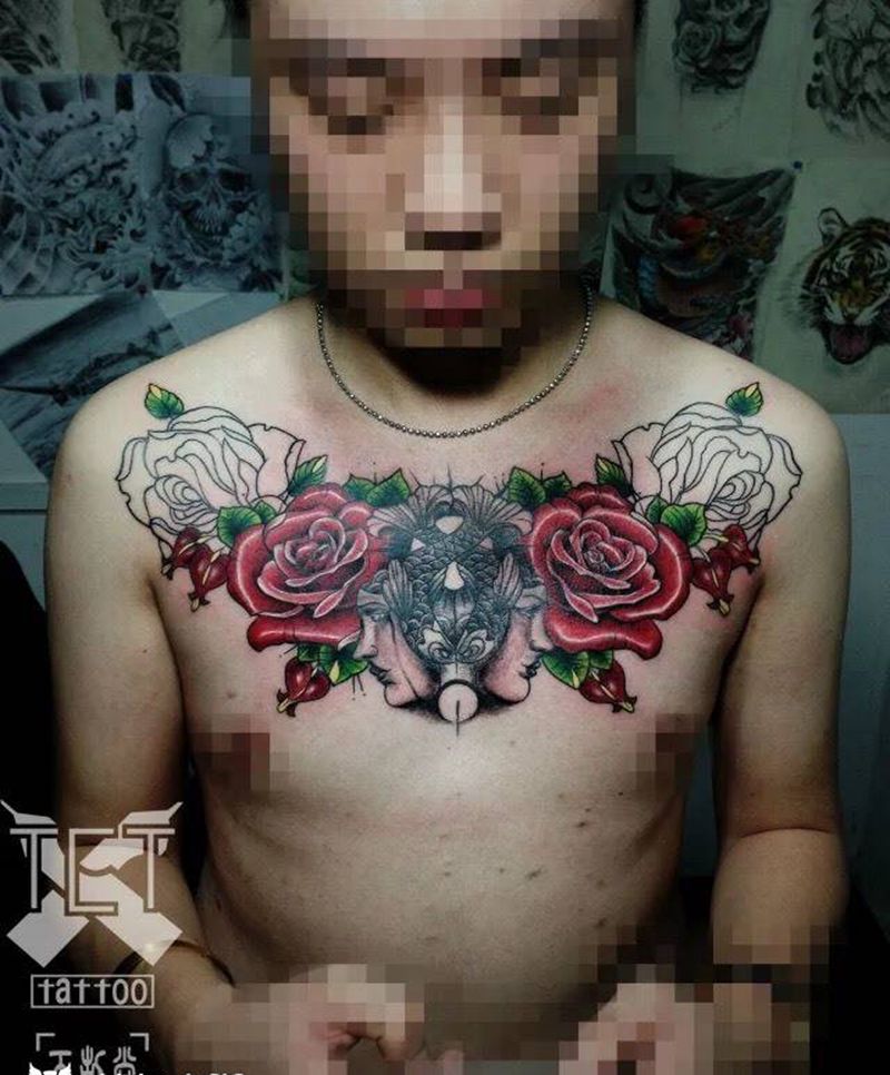 大v花胸纹身图片_成品胸部欧美人物植物纹身图案