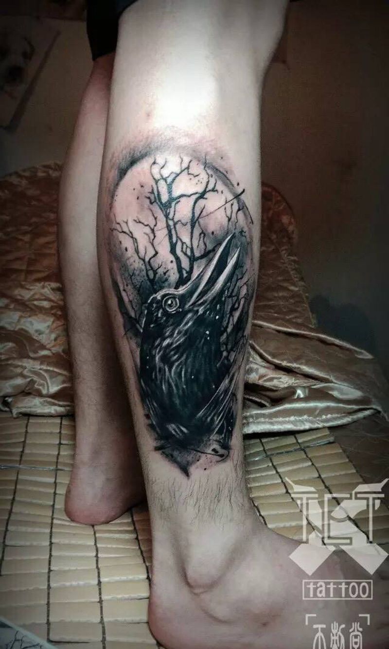 乌鸦纹身图片_成品脚部欧美纹身图案