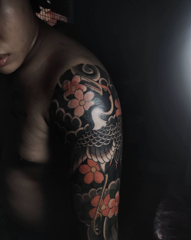 鹤纹身图片_手臂老传统纹身图案