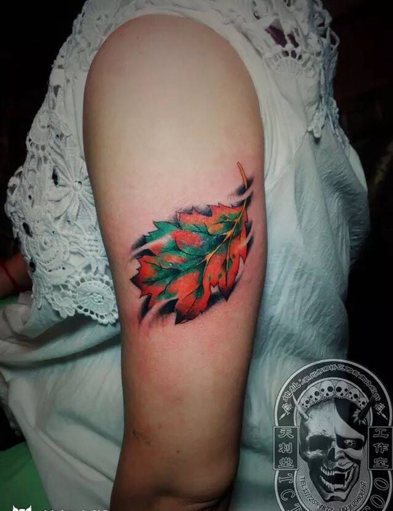 叶子纹身图片_成品手臂传统植物纹身图案