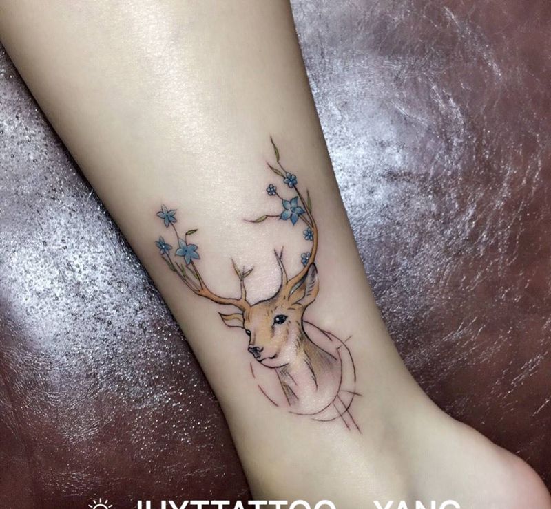 梅花鹿纹身图片_成品手稿原创脚部腿部纹身图案