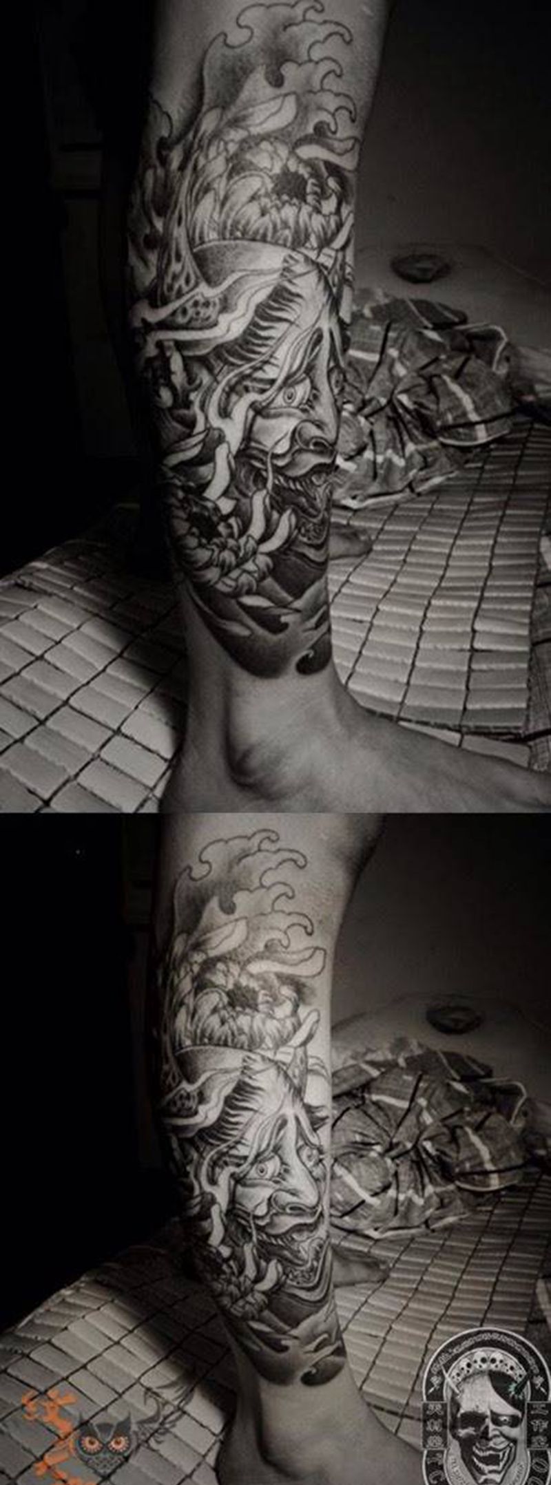 般若纹身图片_成品腿部传统鬼神纹身图案