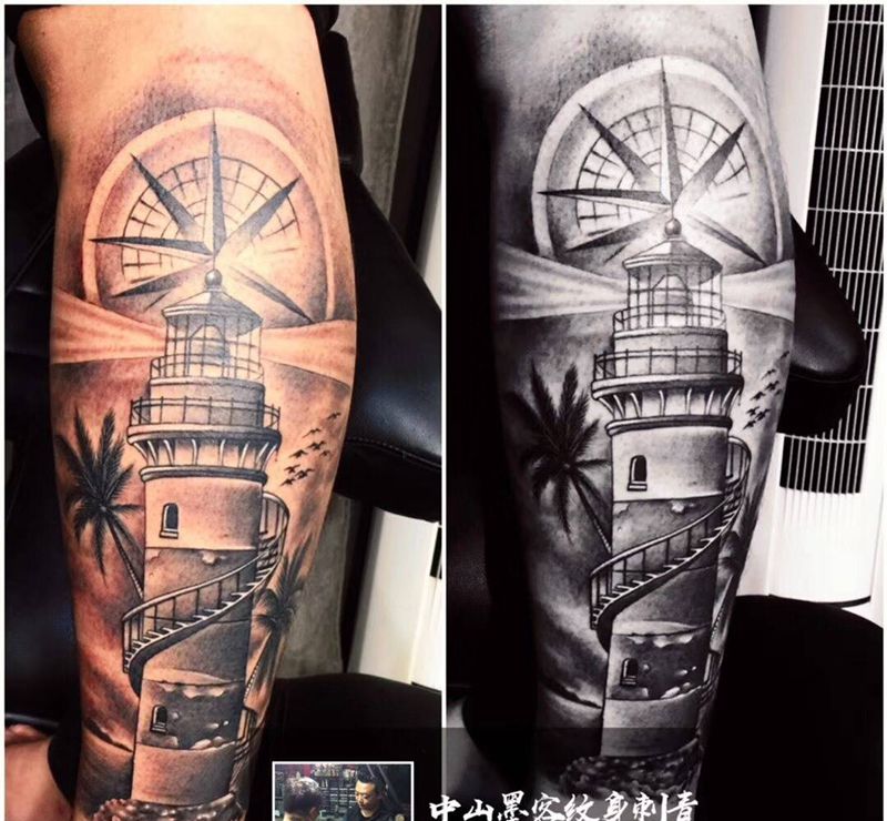 欧美黑灰灯塔纹身图片