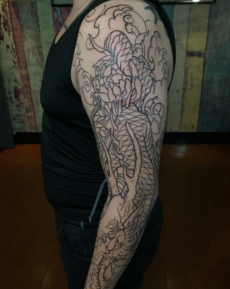 花臂龙线条。纹身图片_传统手部手臂纹身图案