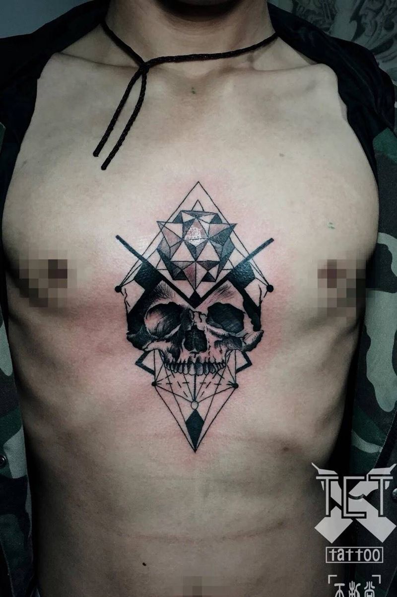 骷髅纹身图片_成品胸部欧美纹身图案