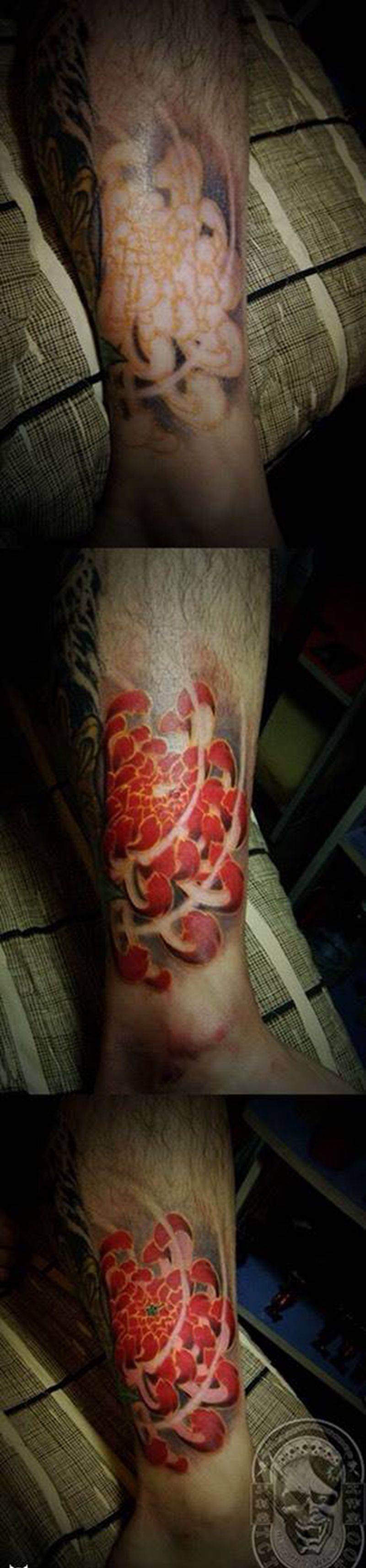 菊花纹身图片_成品腿部传统植物纹身图案