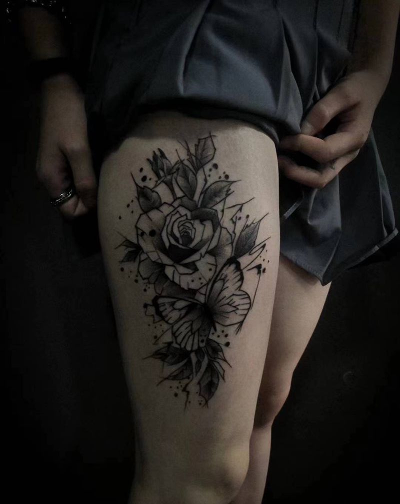 花纹身图片_腿部点刺几何纹身图案