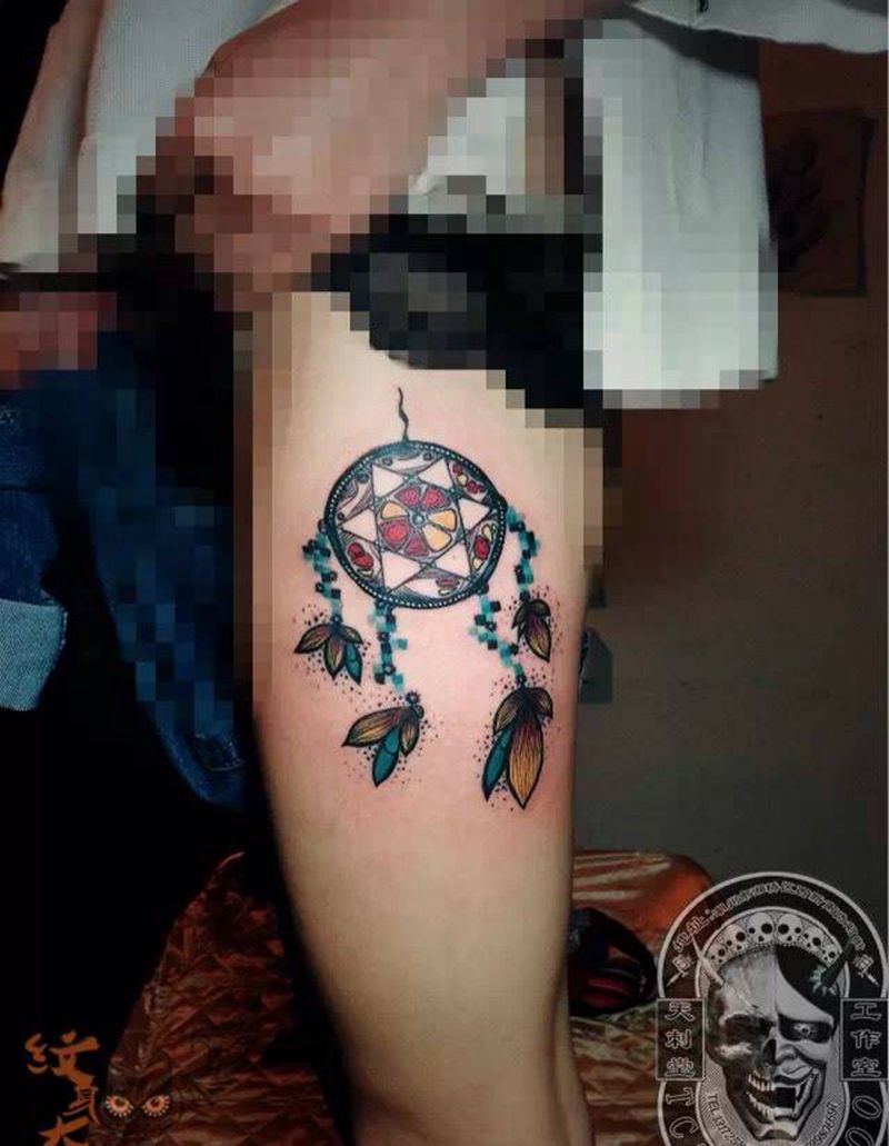 捕梦网纹身图片_成品腿部欧美宗教纹身图案