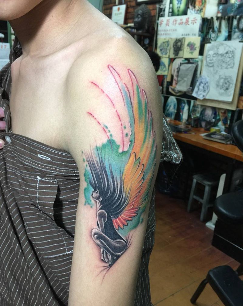 彩色泼墨天使纹身图片