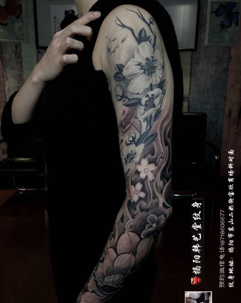 传统花臂。纹身图片_成品手臂手部传统国画原创纹身图案