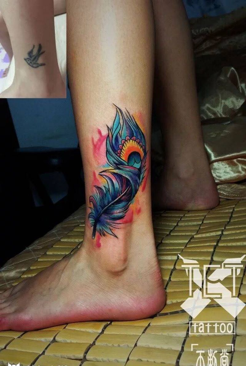 羽毛纹身图片_成品脚部清新欧美纹身图案