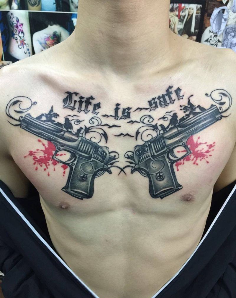 欧美双枪花胸纹身图片