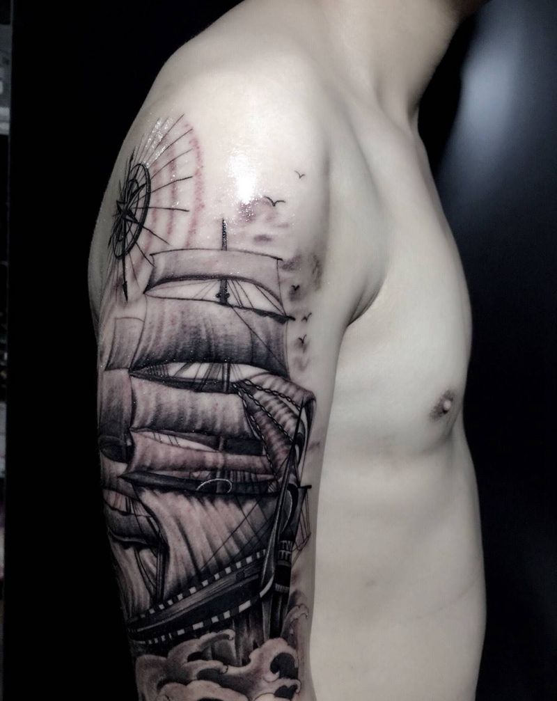 帆船纹身图片_成品手部原创纹身图案