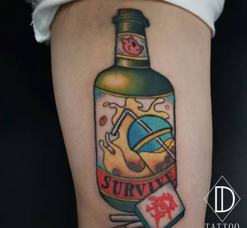 男人的快乐纹身图片_手臂New School啤酒麻将奶茶纹身图案