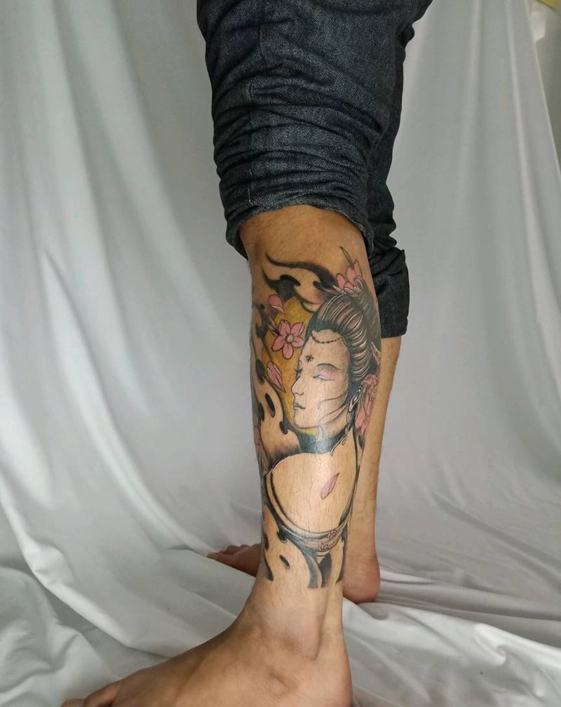 包个小腿纹身图片_腿部传统成品纹身图案