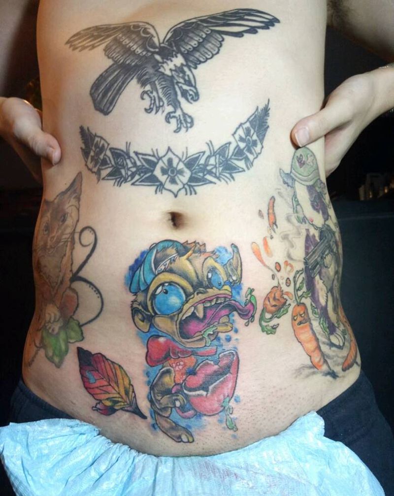 醉猴纹身图片_腹部欧美清新动物人物静物成品纹身图案