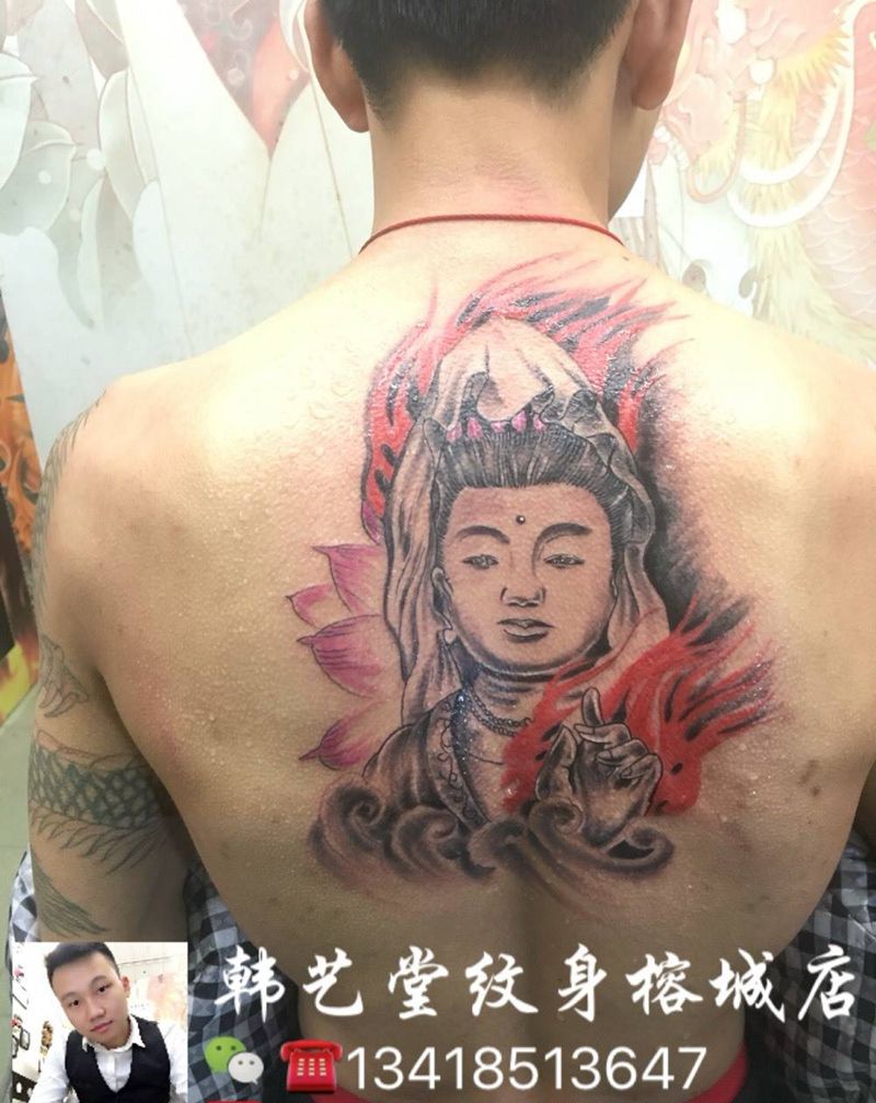 观音纹身图片_成品背部传统人物鬼神宗教纹身图案