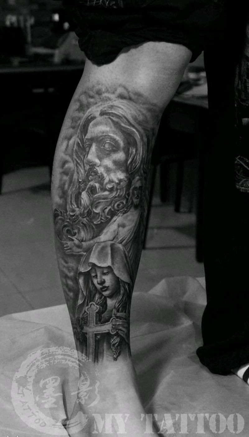耶稣+圣母纹身图片_腿部欧美写实纹身图案
