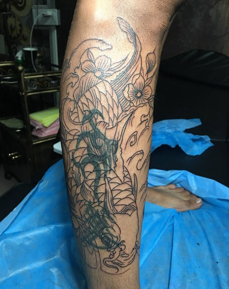 鲤鱼荷花纹身图片