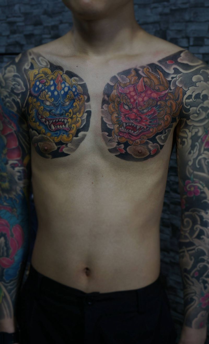 唐狮纹身图片_胸部腹部新传统老传统纹身图案
