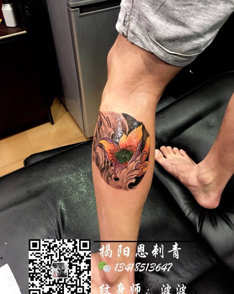 荷花盖疤痕纹身图片_成品腿部传统静物原创揭阳揭阳恩刺青纹身图案
