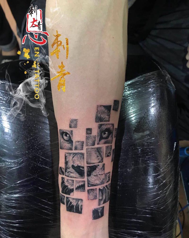 几何狮子纹身图片_腿部New School几何纹身图案