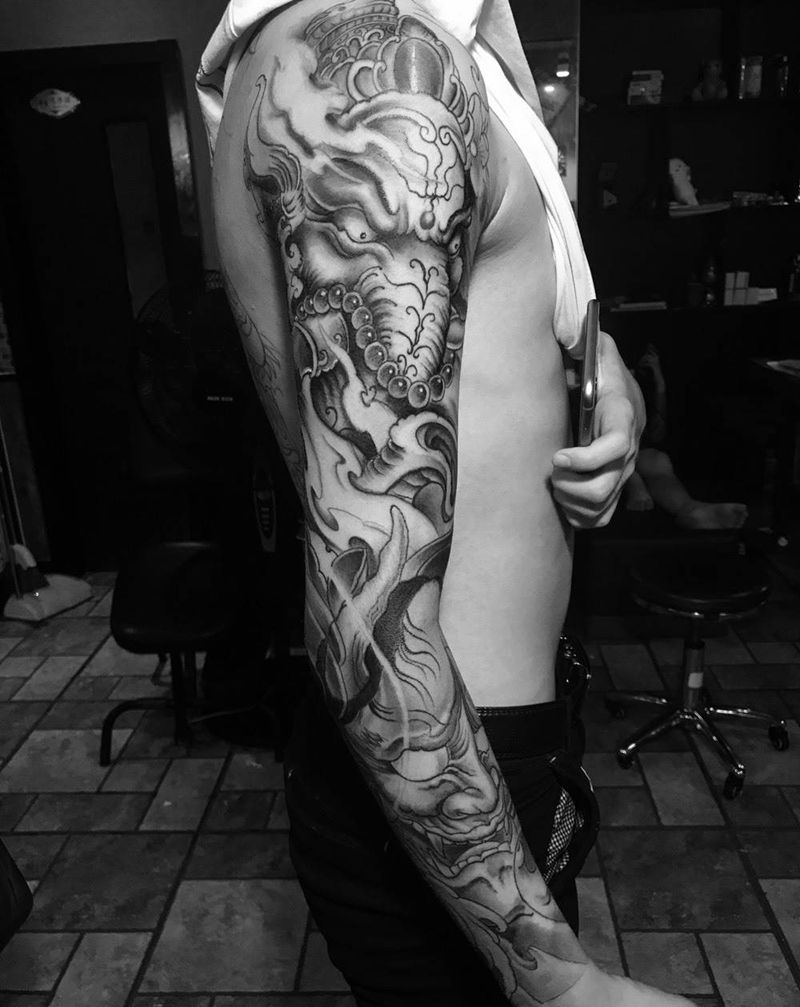 花臂象神般若纹身图片