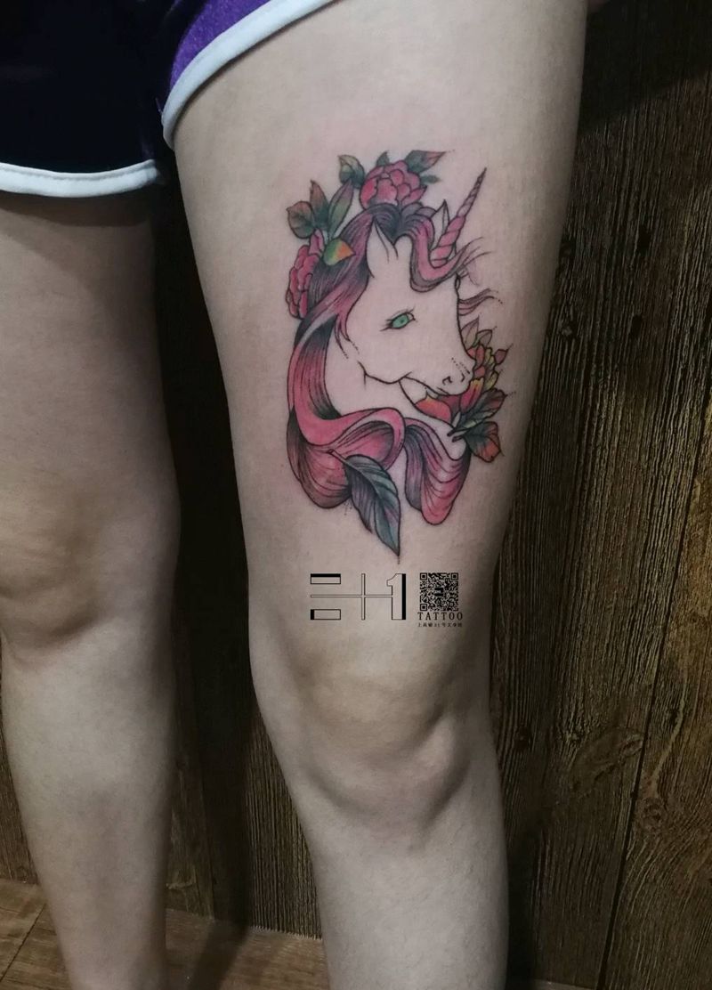 独角兽纹身图片_腿部习俗清新写实动物成品纹身图案