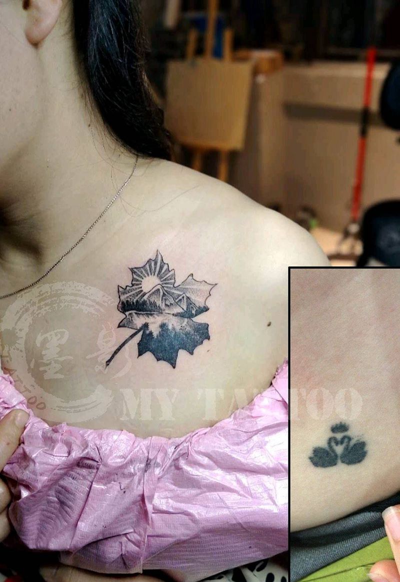 遮盖，创意枫叶设计纹身图片