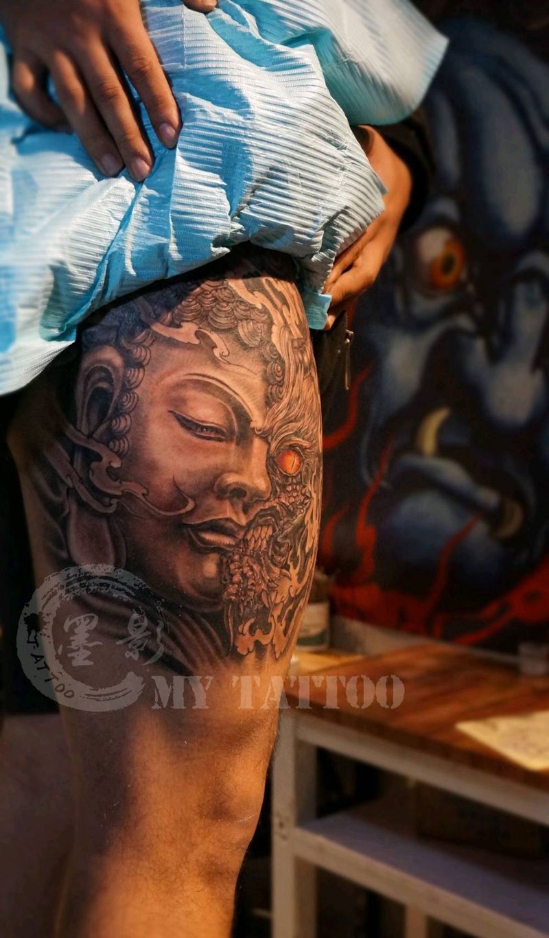 佛与魔 一念纹身图片_腿部新传统纹身图案