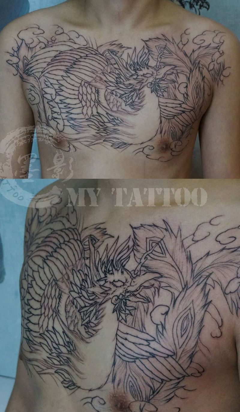 花胸凤凰勾线纹身图片