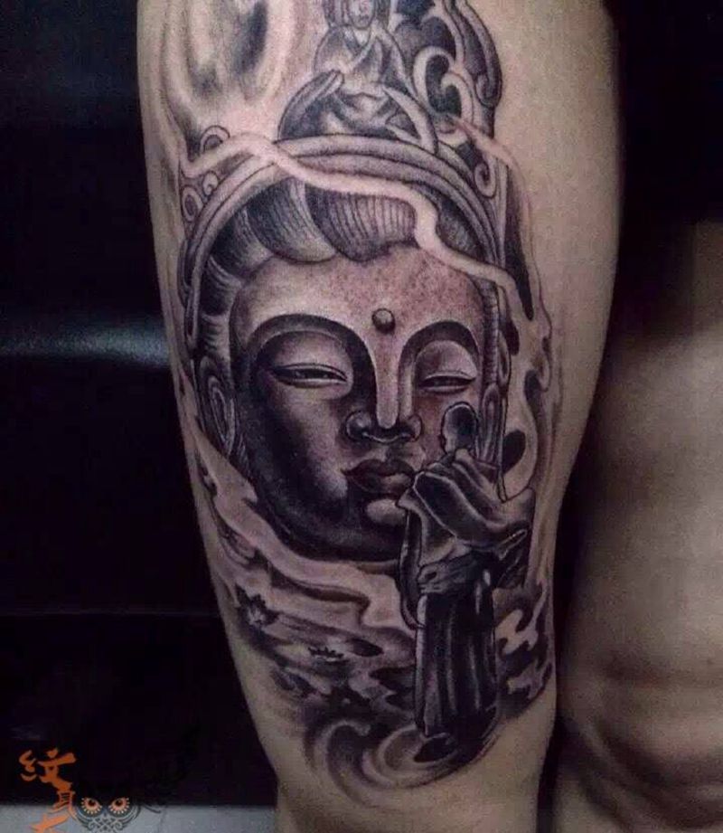 佛纹身图片_成品腿部传统宗教纹身图案