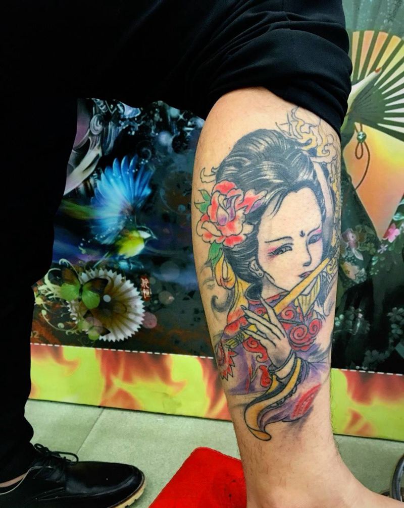 艺妓恢复半年后纹身图片_成品腿部传统肖像人物纹身图案