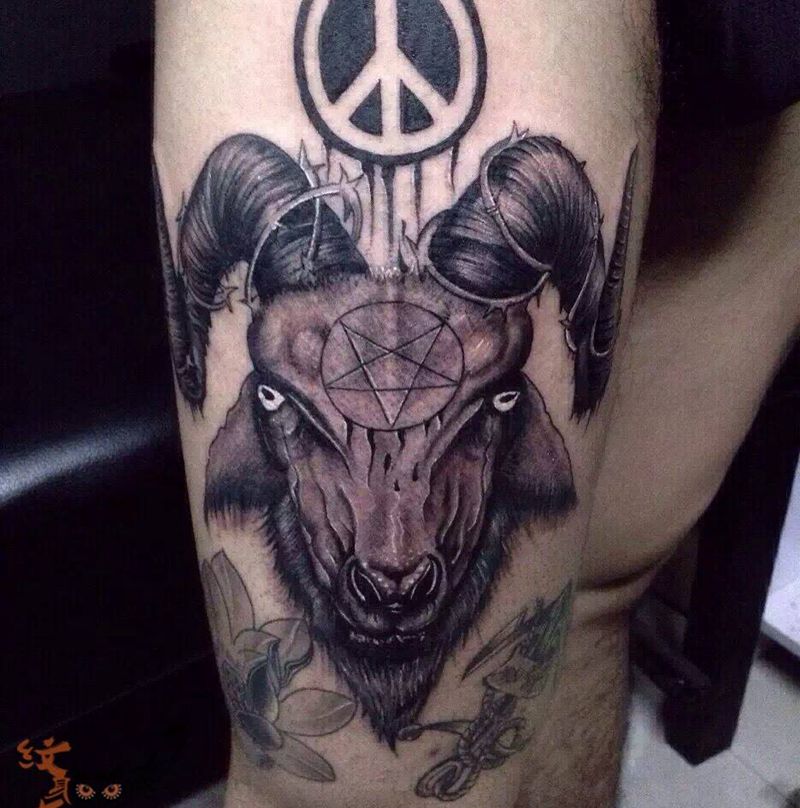 羊头一枚纹身图片_动物腿部纹身图案