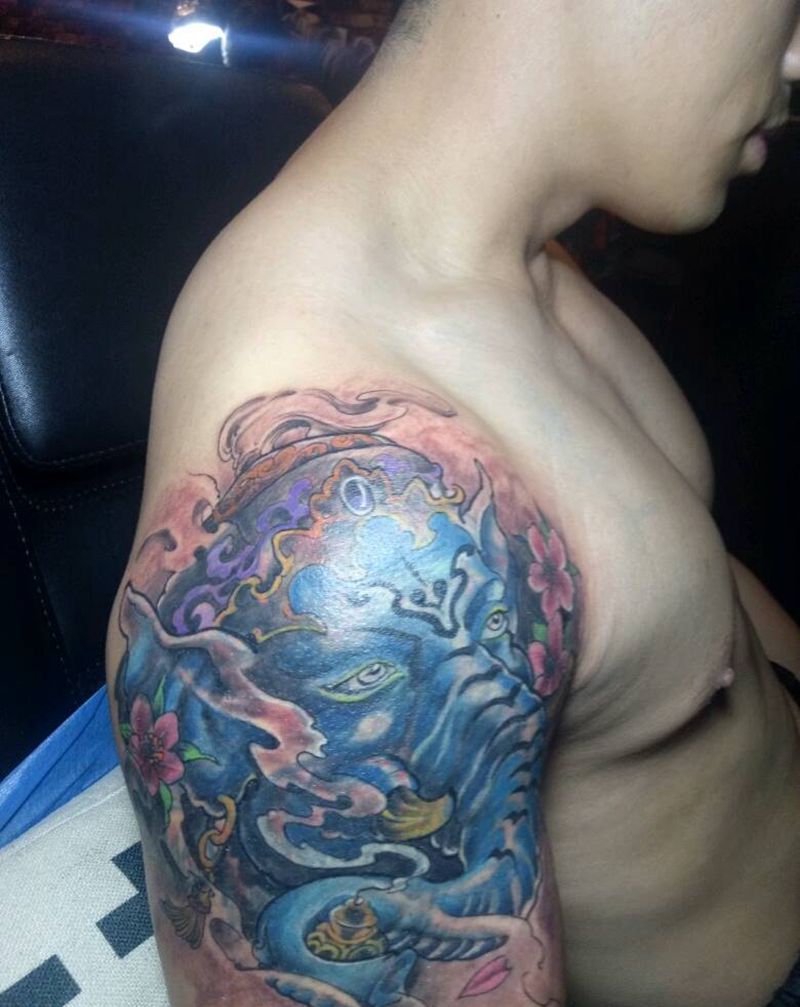 象神遮盖纹身图片_肩部手臂传统鬼神宗教成品纹身图案