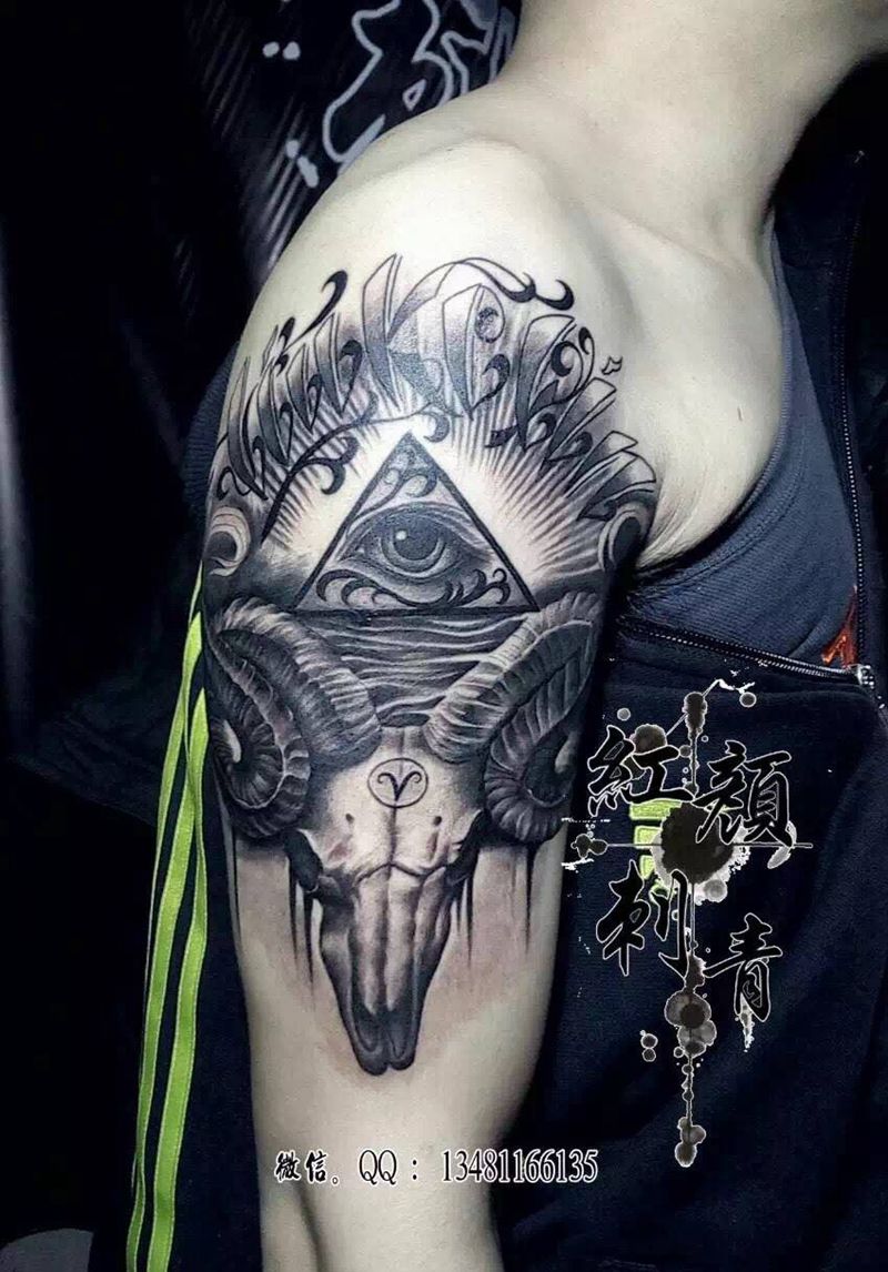 骷髅羊头纹身图片_成品手臂欧美动物纹身图案