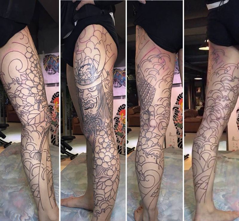 鬼武士纹身图片_腿部老传统新传统纹身图案