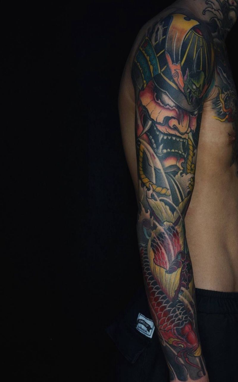 武士鲤鱼花臂纹身图片_成品传统动物鬼神原创纹身图案
