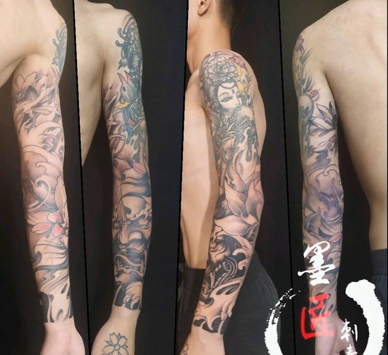 花臂般若纹身图片_手臂新传统纹身图案