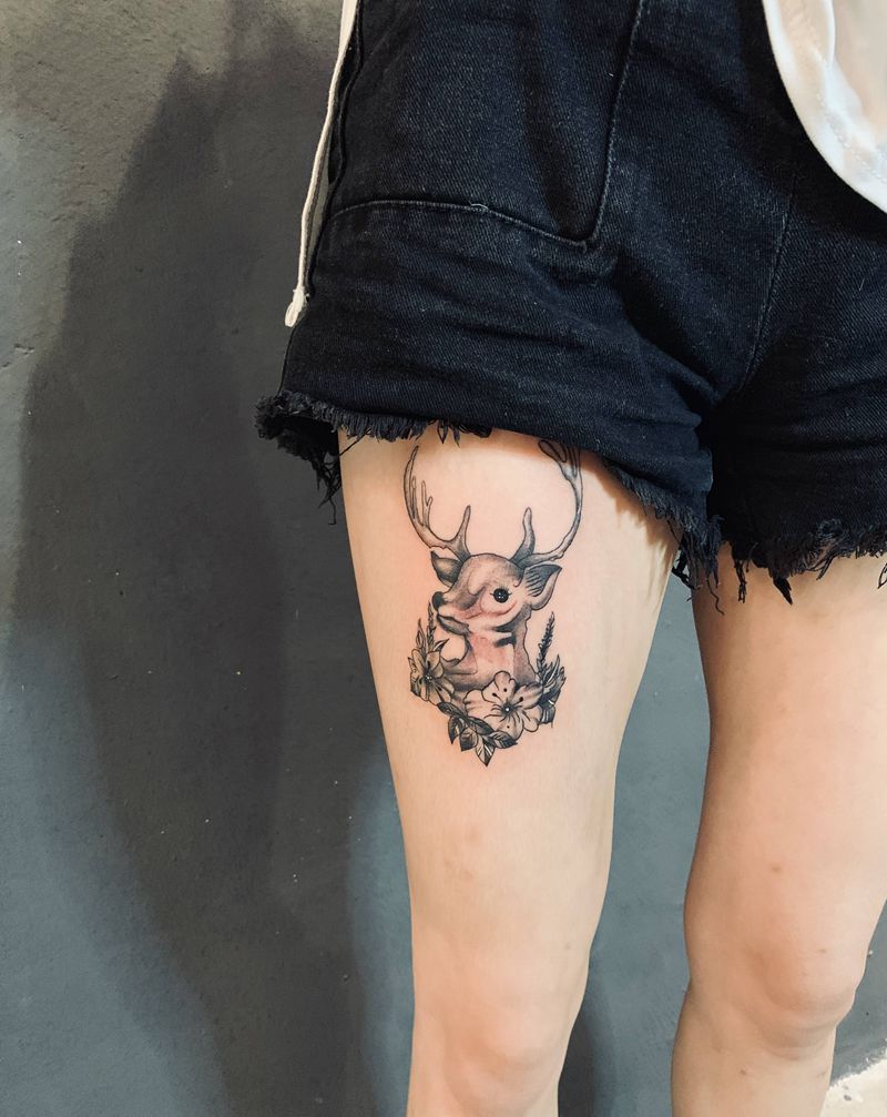 麋鹿纹身图片_腿部纹身图案