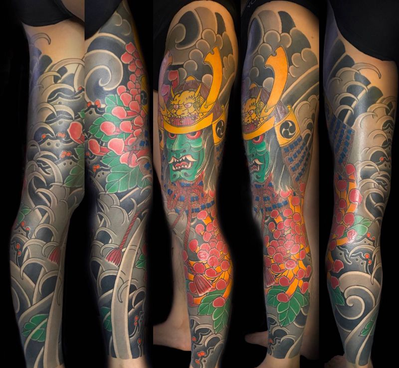 鬼武士、菊纹身图片_腿部脚部老传统新传统纹身图案