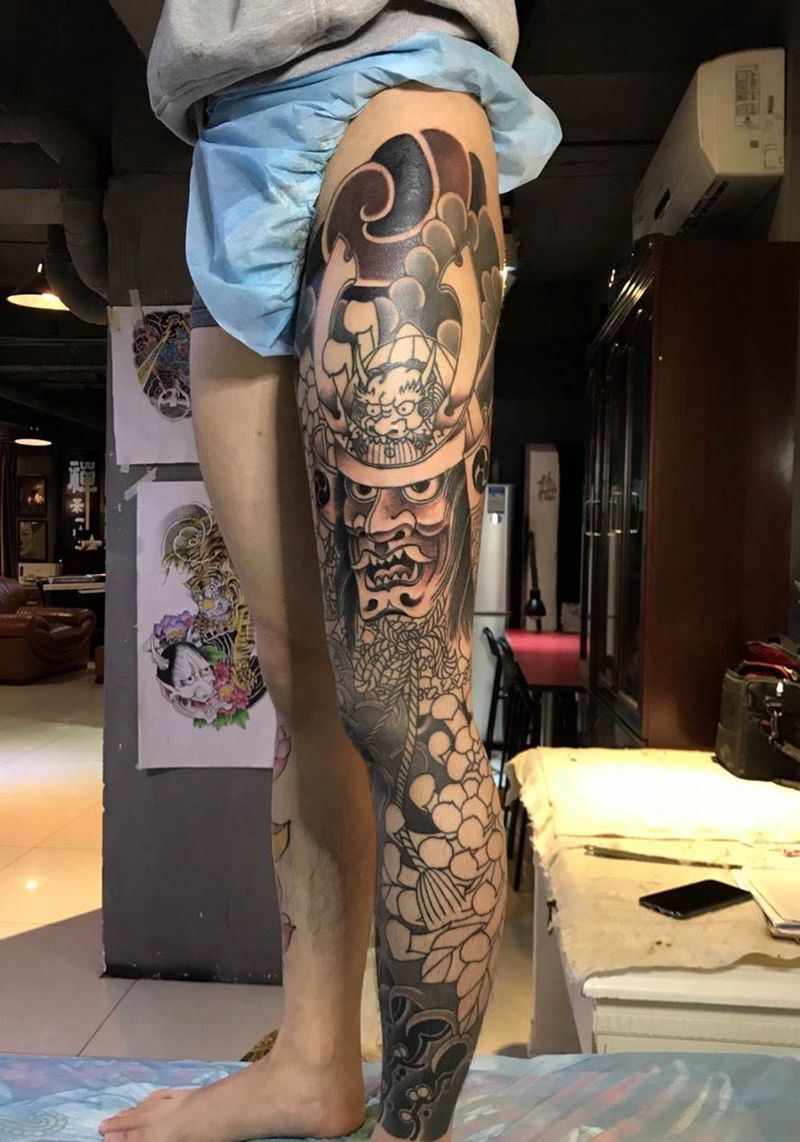 鬼武士-菊纹身图片_腿部老传统新传统纹身图案