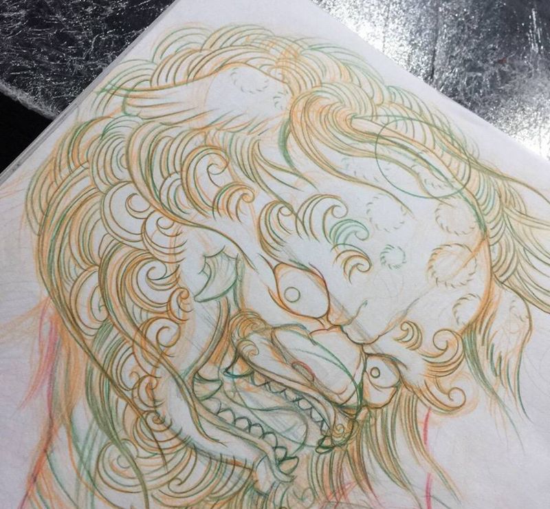 唐狮子 习作纹身图片_手稿胸部腰部背部手臂腿部肩部传统动物纹身图案