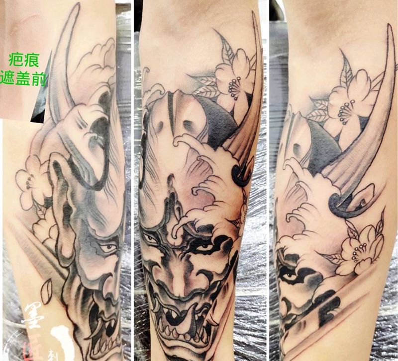 般若遮盖疤痕纹身图片_手臂新传统纹身图案