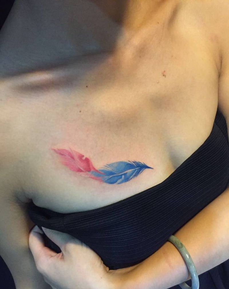 羽毛纹身图片_成品肩部胸部清新动物静物植物纹身图案