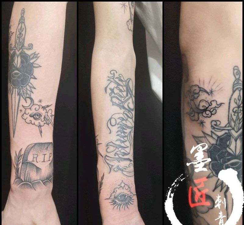 拼接花臂纹身图片_手臂Old School纹身图案