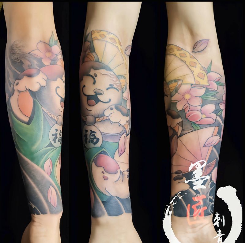 招财猫纹身图片_手臂新传统纹身图案