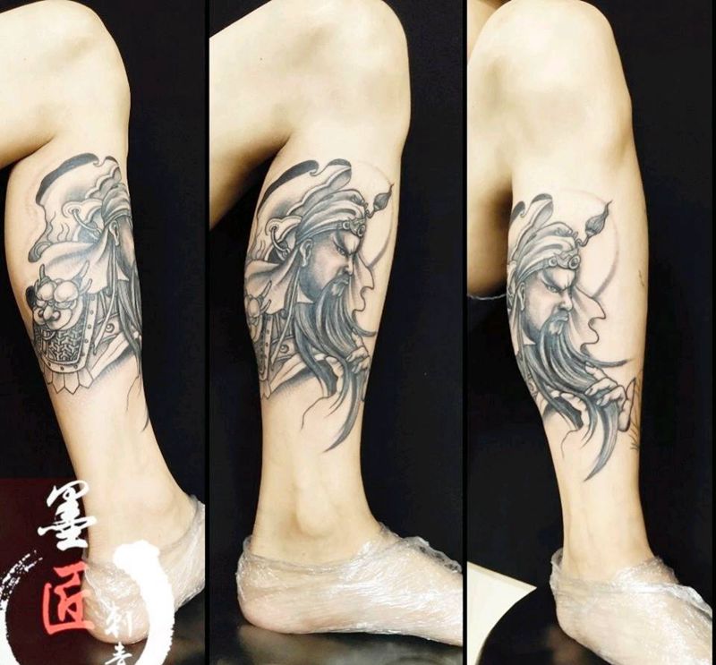 关羽纹身图片_腿部新传统纹身图案