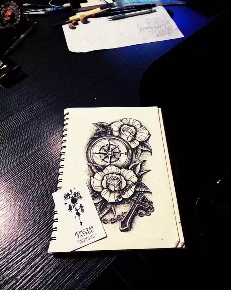 大臂指南针纹身图片_成品手稿手臂欧美原创静物红颜TATTOO纹身图案
