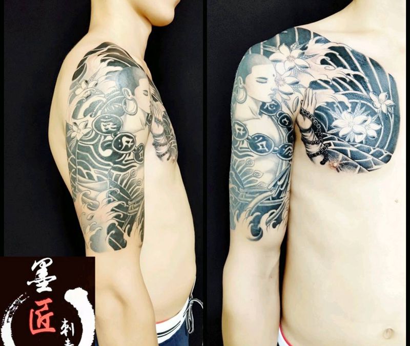 半胛达摩纹身图片_胸部手臂新传统纹身图案